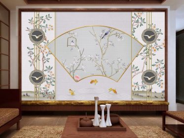 دانلود کاغذ دیواری طرح جدید چینی نقاشی شده با دست گل و پرنده دقیق دیوار اتاق کتابخانه