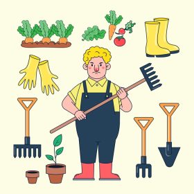 دانلود وکتور شخصیت کشاورز با ابزار کشاورزی و محصولی مانند