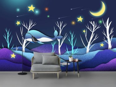 دانلود طرح کاغذ دیواری مدرن نقاشی شده با دست کارتونی زیبای بنفش جنگلی نهنگ دیوار پس زمینه اتاق کودکان