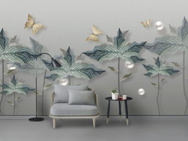 دانلود کاغذ دیواری طرح 3 دیوار اتاق خواب با برگ های طلایی تازه گرمسیری