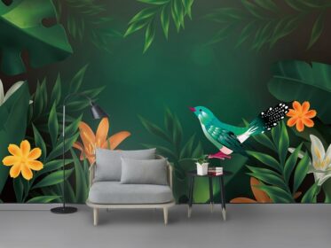 دانلود کاغذ دیواری طرح جدید مدرن نوردیک انتزاعی گیاه تازه و سبز پس زمینه دیوار پرنده