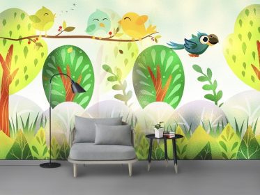 دانلود طرح کاغذ دیواری کارتونی گرم کارتونی پرنده جنگل گل دیوار پس زمینه اتاق کودک
