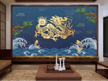 دانلود کاغذ دیواری طرح جدید به سبک چینی جزر و مد ملی اژدهای طلایی کپور هندسی ابر کاج الگوی آب پس زمینه دیوار