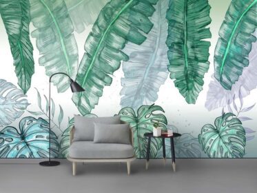 دانلود کاغذ دیواری طرح نوردیک نقاشی دیواری پس زمینه گیاه برگ موز استوایی با دست