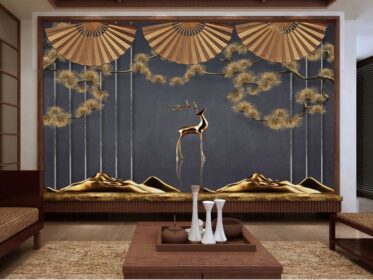 دانلود کاغذ دیواری طرح جدید به سبک چینی فلزی کوه گوزن خشک شاخه کاج فن پس زمینه دیوار