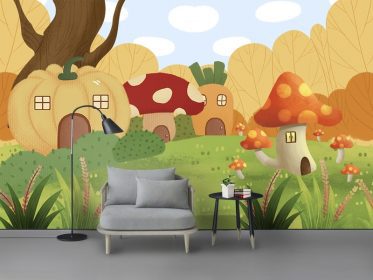 دانلود طرح کاغذ دیواری کارتونی چوب های مدرن در خانه قارچ خانه کدو حلوایی دیوار پس زمینه اتاق کودک