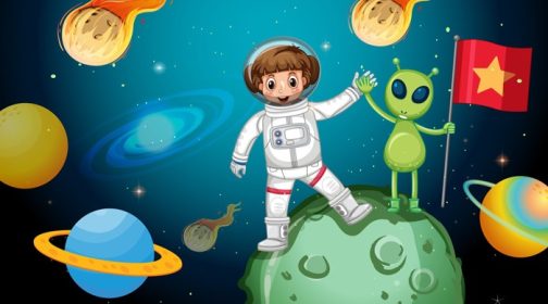 دانلود وکتور دختر فضانورد با یک بیگانه ایستاده روی سیارک در صحنه فضا