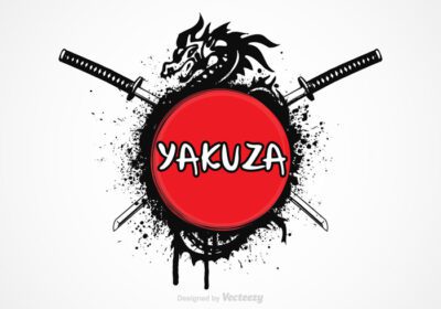 دانلود لوگوی رایگان طرح وکتور یاکوزای قلم کاری شده ایزوله شده بر روی دایره قرمز رنگ پاشیده شمشیر سامورایی و اژدها
