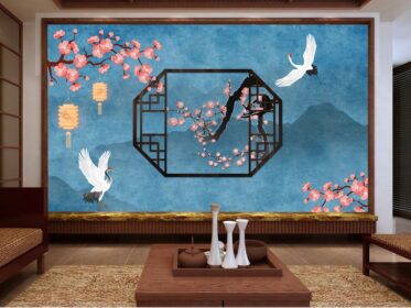 دانلود طرح کاغذ دیواری به سبک چینی کلاسیک گل و پرندگان، جرثقیل، شکوفه های آلو، اتاق نشیمن، دیوار پس زمینه تلویزیون