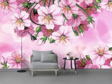 دانلود کاغذ دیواری طرح مینیمالیستی مدرن نقاشی دیواری با پس زمینه صورتی گلدار