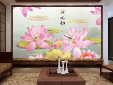 دانلود کاغذ دیواری طرح جدید به سبک چینی با دست نقاشی دیوار پس زمینه تلویزیون گل نیلوفر آبی