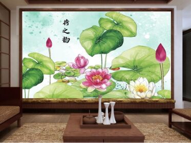 دانلود کاغذ دیواری طرح جدید به سبک چینی نقاشی شده با دست نیلوفر آبی قلم تلویزیونی نیلوفر آبی