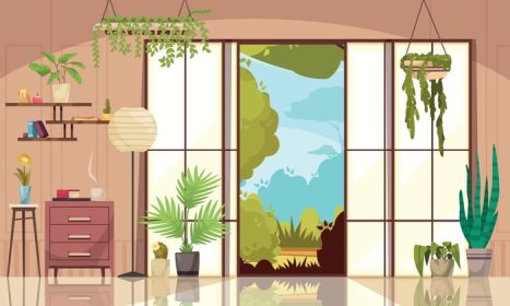دانلود وکتور اتاق نشیمن راحت با گیاهان خانگی