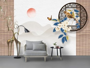 دانلود طرح کاغذ دیواری منظره خلاقانه گل و پرنده پس زمینه منظره