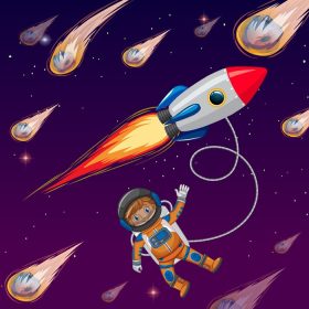 دانلود وکتور بچه فضانورد در فضا با موشک و دنباله دار