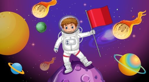 دانلود وکتور بچه فضانورد ایستاده روی سیارک در صحنه فضا