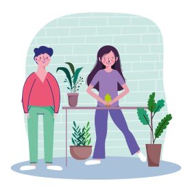 دانلود وکتور زوج با گیاهان گلدانی باغبانی قرنطینه در خانه بمانید