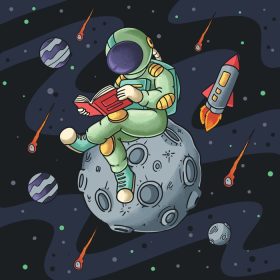 دانلود وکتور فضانورد در حال خواندن کتاب در فضا
