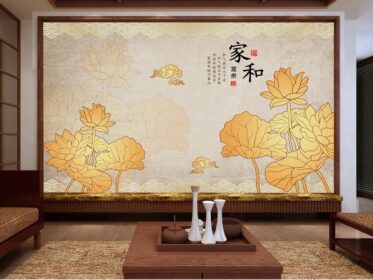 دانلود طرح کاغذ دیواری چینی نیلوفر آبی طلایی خانه و دیوار پس زمینه تلویزیون اتاق نشیمن غنی