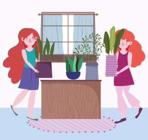 دانلود وکتور دختران ناز باغبانی گلدانی در خانه کارتون