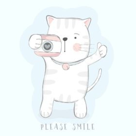 دانلود تصویر برداری گربه بچه ناز با دوربین کارتونی به سبک دست کشیده