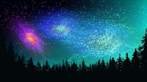 دانلود وکتور صورت های فلکی روشن کهکشان ها در آسمان پرستاره تاریک بر فراز جنگل کاج
