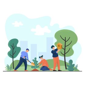 دانلود وکتور بوم گردی داوطلبان از جنس های مختلف کاشت درخت در پارک شهر و نصب خانه پرنده در درخت با پس زمینه سیلوئت خط افق شهر