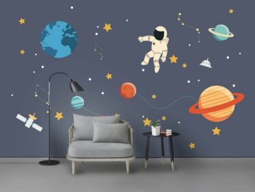 دانلود طرح کاغذ دیواری اتاق کودک کارتونی فضای خاکستری پس زمینه دیوار زمین ماهواره استیکر دیواری موشک