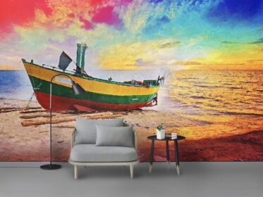 دانلود کاغذ دیواری طرح رنگارنگ مدرن قایق بادبانی ساحل نقاشی رنگ روغن پس زمینه دیوار