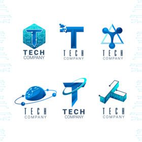 دانلود لوگوی hi tech لوگوی شرکت فناوری در طرح رنگ آبی با حرف t و عنصر مدار