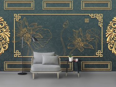 دانلود طرح کاغذ دیواری طلایی کلاسیک جدید چینی نیلوفر آبی حکاکی شده دیوار برجسته