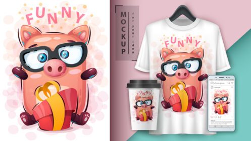دانلود کارتون زیبای خوک خنده دار با ماکت فعلی روی فنجان قهوه تی شرت و گوشی هوشمند