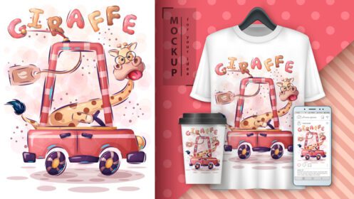 دانلود کارتونی زیبای سفر زرافه در ماشین پوستر و ماکت تجاری روی فنجان قهوه تی شرت و گوشی هوشمند