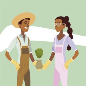 دانلود وکتور باغبانی زوج باغبان که گیاه را در کیف نگه می دارند