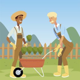 دانلود وکتور باغبانی مردان باغبان با چرخ دستی و گیاهان