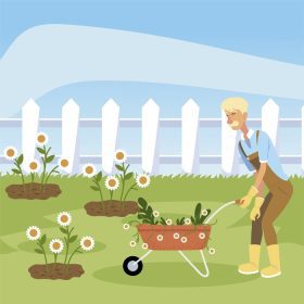 دانلود وکتور باغبانی باغبان با چرخ دستی کاشت گل