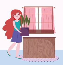 دانلود وکتور دختر نگهدارنده گلدان باغبانی در خانه کارتون