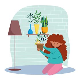 دانلود وکتور دختر نگهدارنده گیاه گلدانی قرنطینه در خانه بمانید