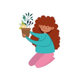 دانلود وکتور دختر روی زانو با آیکون ایزوله گیاه گلدانی در پس زمینه سفید