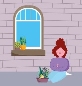 دانلود وکتور دختر با گیاهان گلدانی در قرنطینه اتاق در خانه بمانید