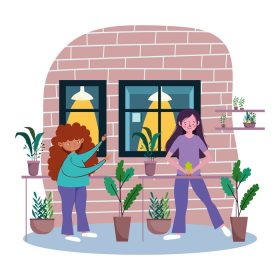 دانلود وکتور دختران با گیاهان گلدانی قرنطینه در خانه بمانید