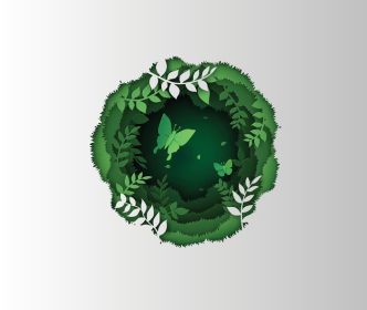دانلود وکتور پروانه سبز در دایره ساخته شده از گیاهان جنگلی سرسبز