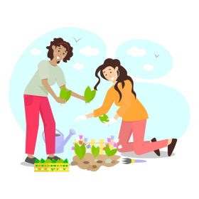 دانلود وکتور باغبانی شاد با دو دختر خندان در حال کاشت نهال گل