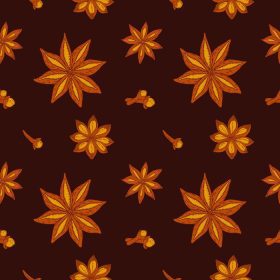 دانلود وکتور پترن بدون درز ادویه های نانوایی با برگ های بادیان ستاره ای قهوه ای روشن و ادویه ها در پس زمینه قهوه ای