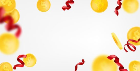 دانلود وکتور سکه های طلایی و روبان قرمز در حال سقوط وکتور افقی