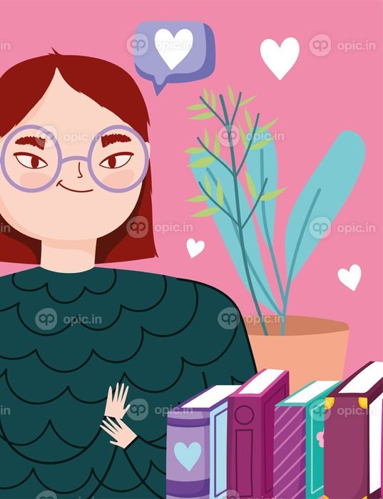 دانلود وکتور تصویر دختر جوان شاد با کتاب گیاهان و نشانه های قلب