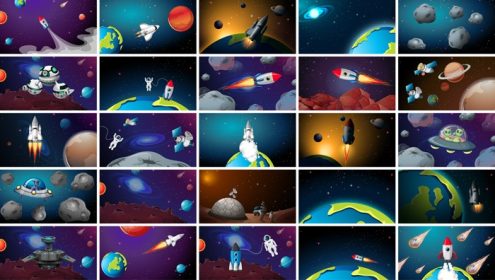 دانلود وکتور مجموعه عظیم صحنه های فضایی با موشک سیاره ها و ماه