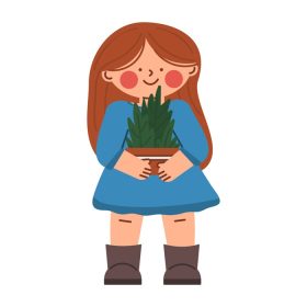 دانلود وکتور دختر نوجوان مشخصه خنده دار کوچک با گیاهان در الف