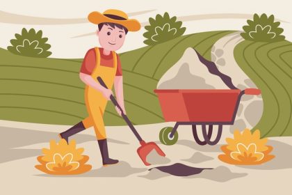 دانلود وکتور مرد کشاورز در حال حفر زمین برای کاشت گیاهان