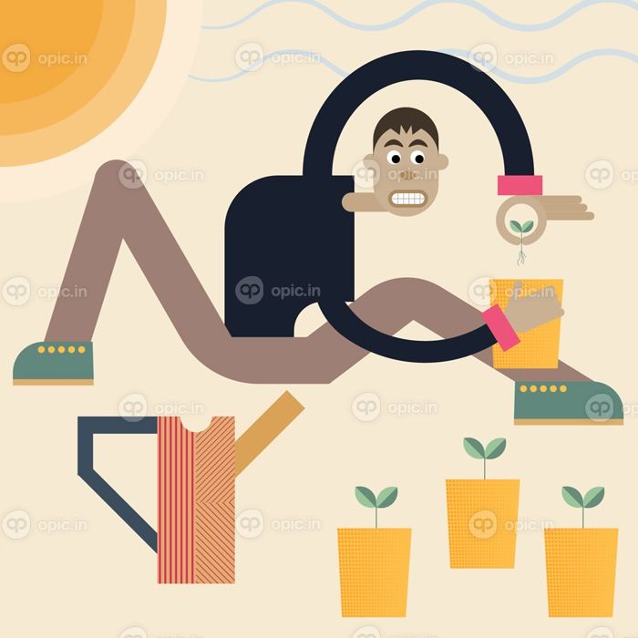 دانلود وکتور مرد کاشت بذر وکتور تصویر انتزاعی باغبان با گیاهان و آبخوری